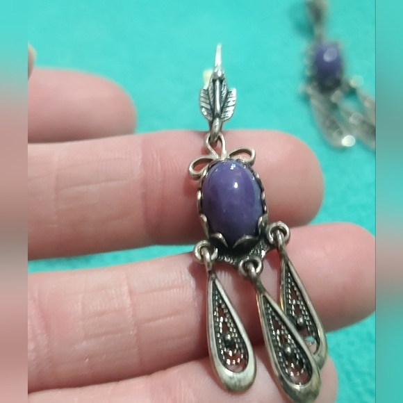 Vintage Purple Art Deco Style and Silver Ornate Earrings, Heavy, Drop - Picture 3 of 7